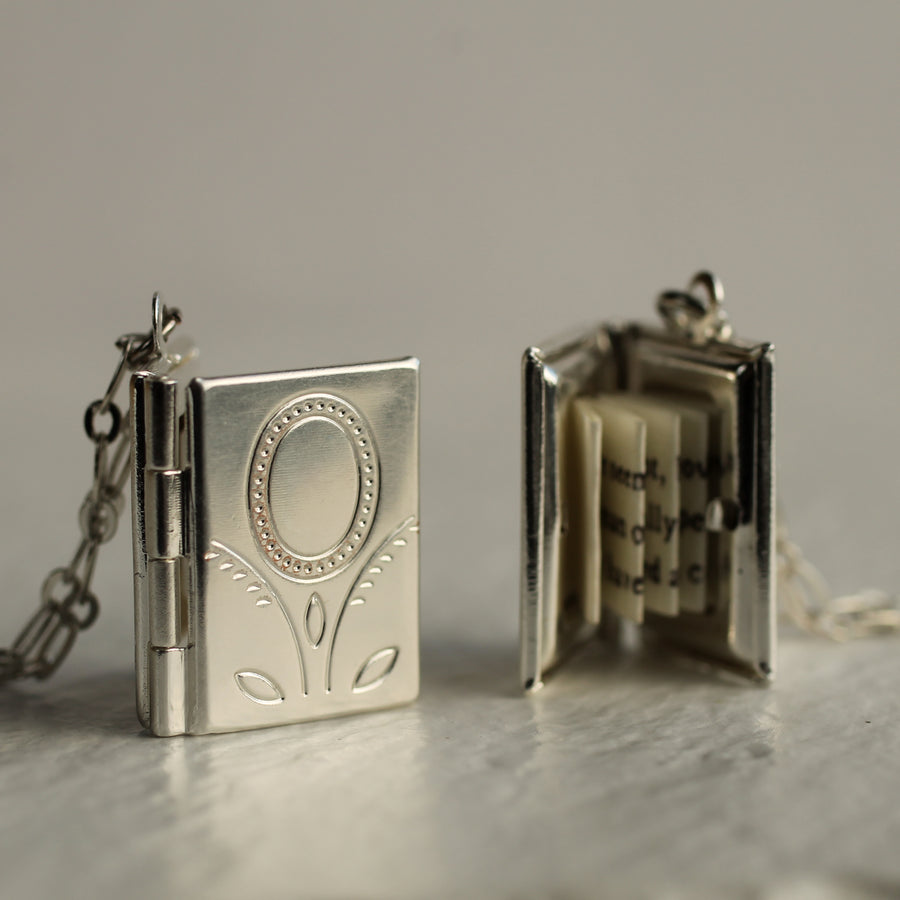 Silver Flower Book Locket Necklace