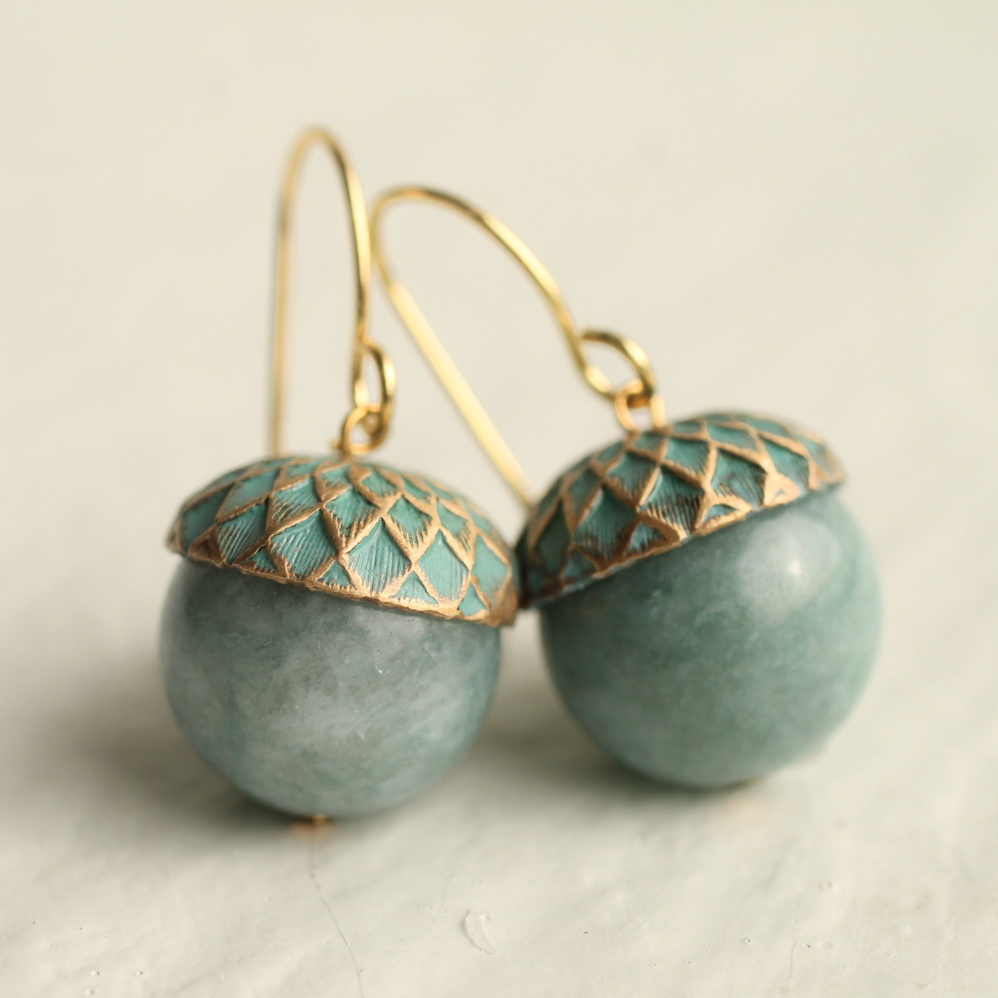 Gold Blue Gemstone Acorn Earrings