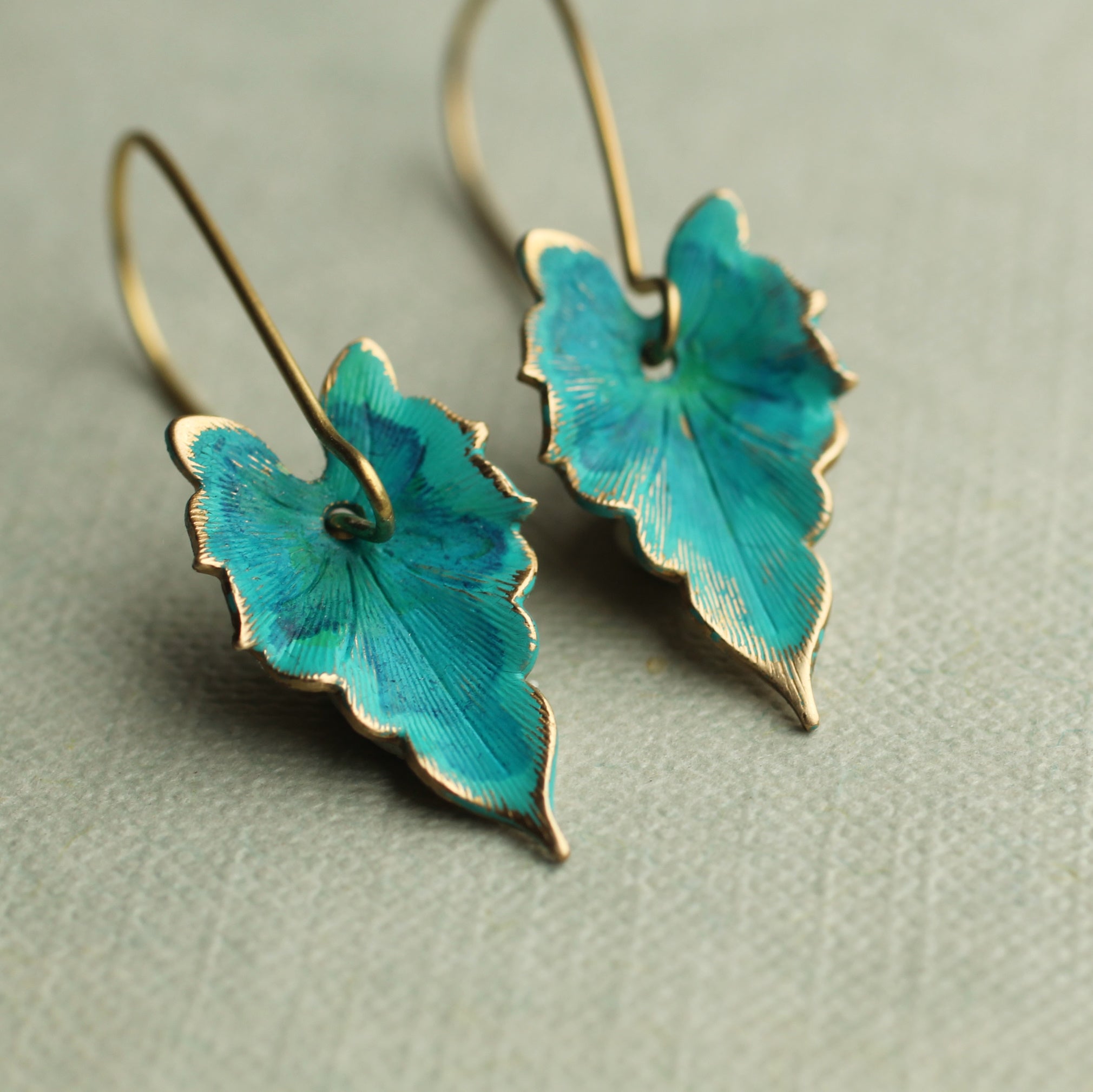 Verdigris Leaf Turquoise Green Earrings