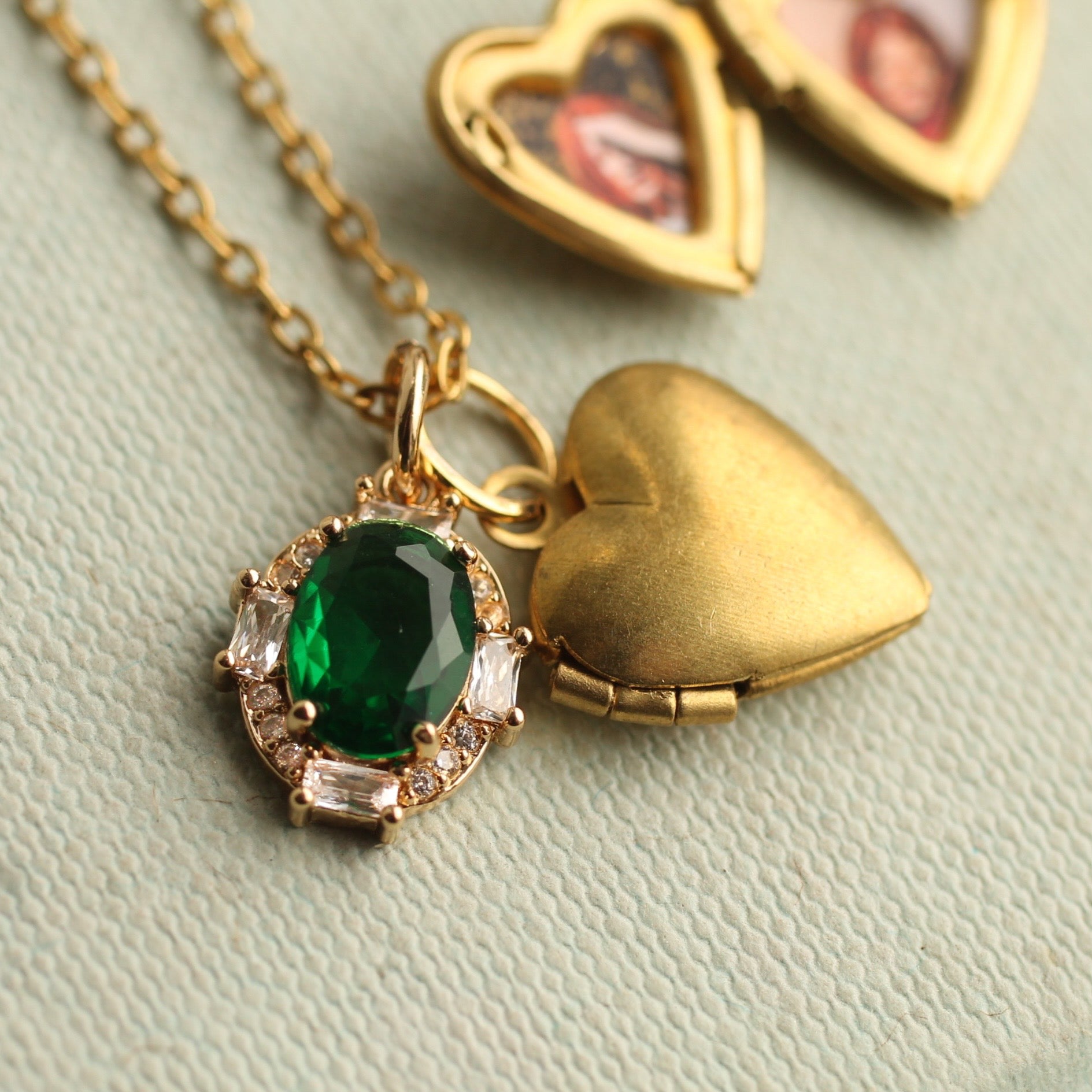 Emerald Heart Vintage Charm Locket Necklace