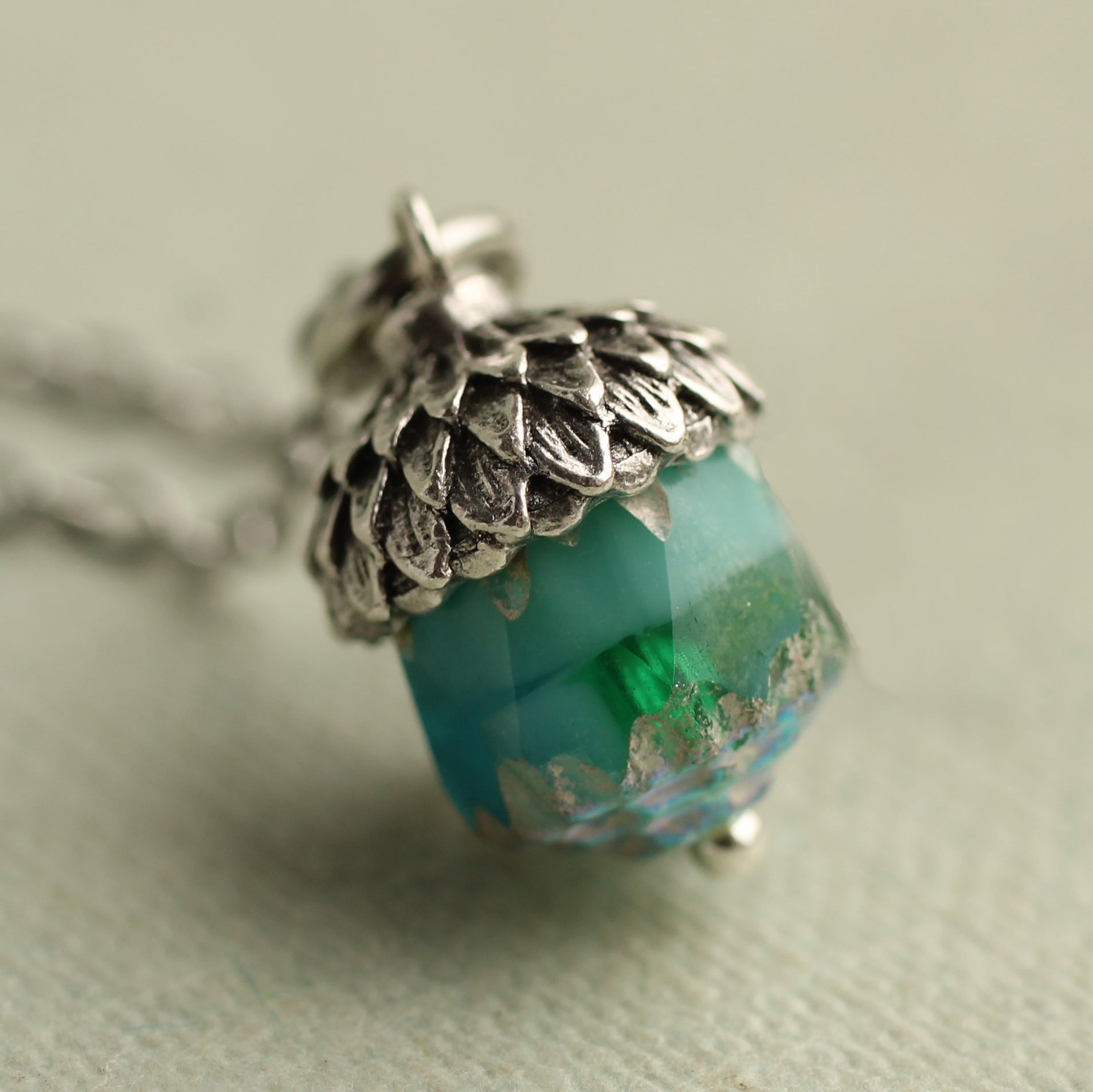 Peacock Blue Silver Acorn Necklace