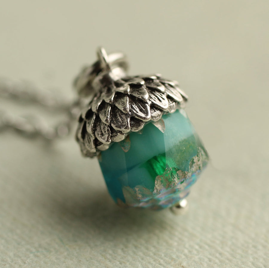 Peacock Blue Silver Acorn Necklace