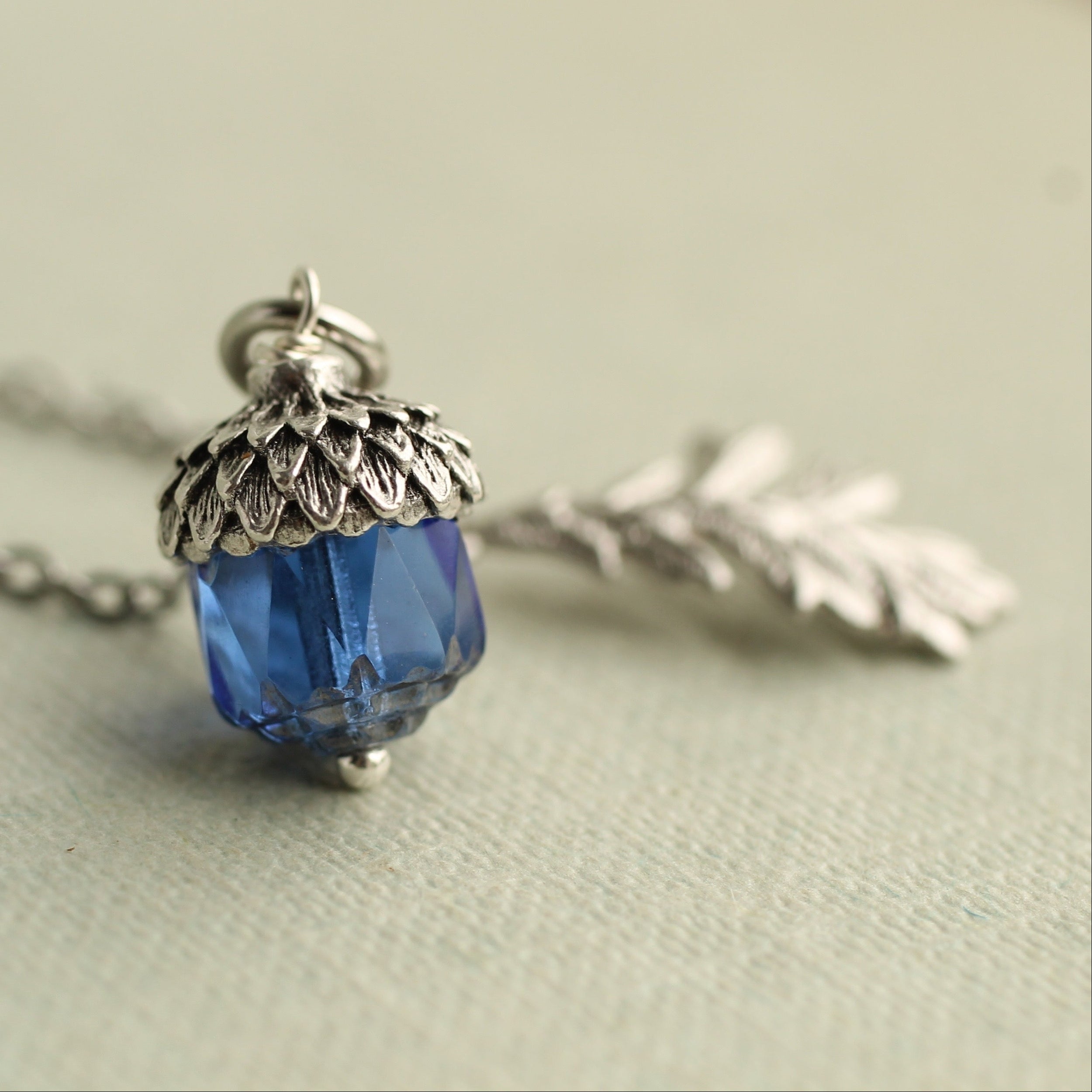Sapphire Blue Silver Acorn Necklace