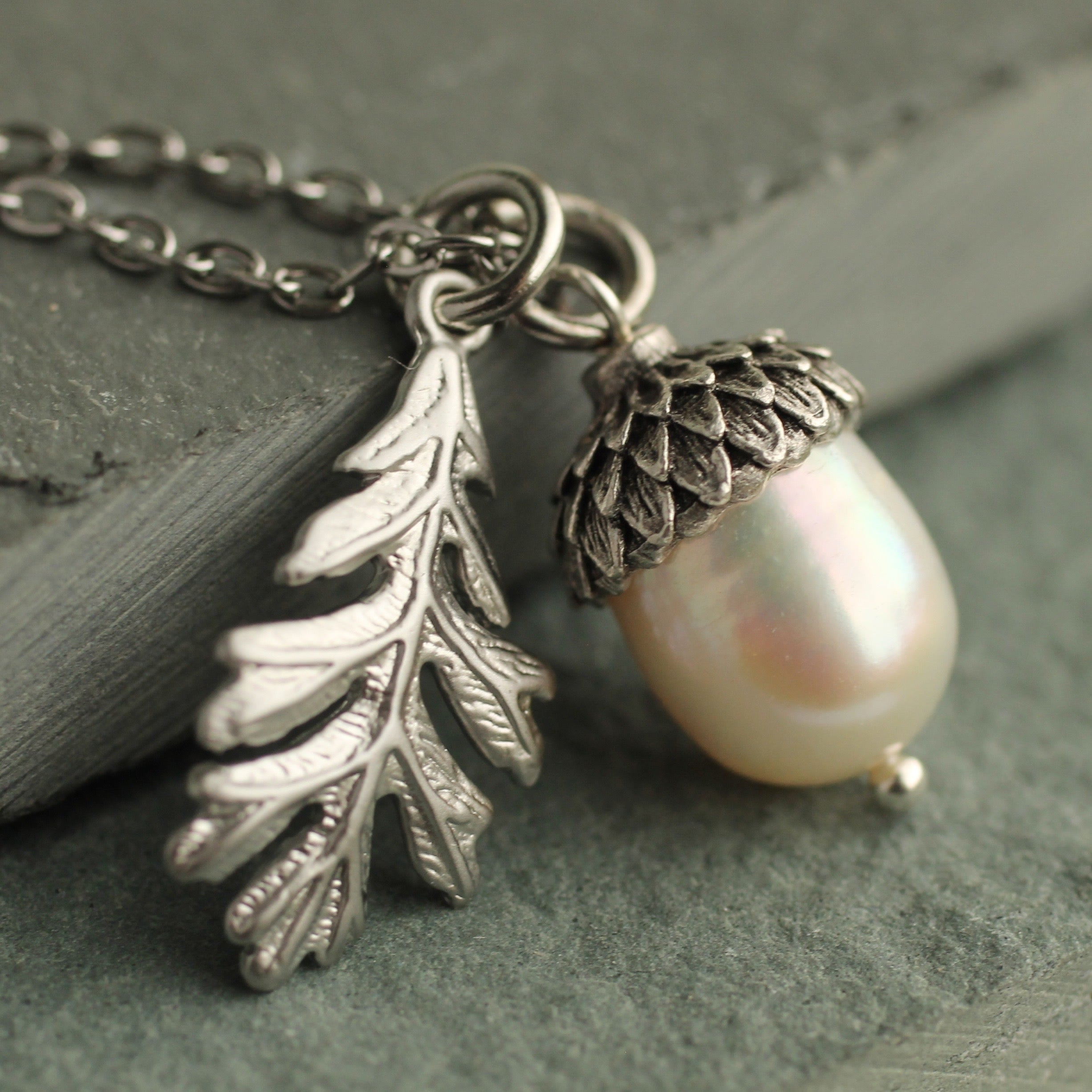 Freshwater Pearl Silver Acorn Necklace
