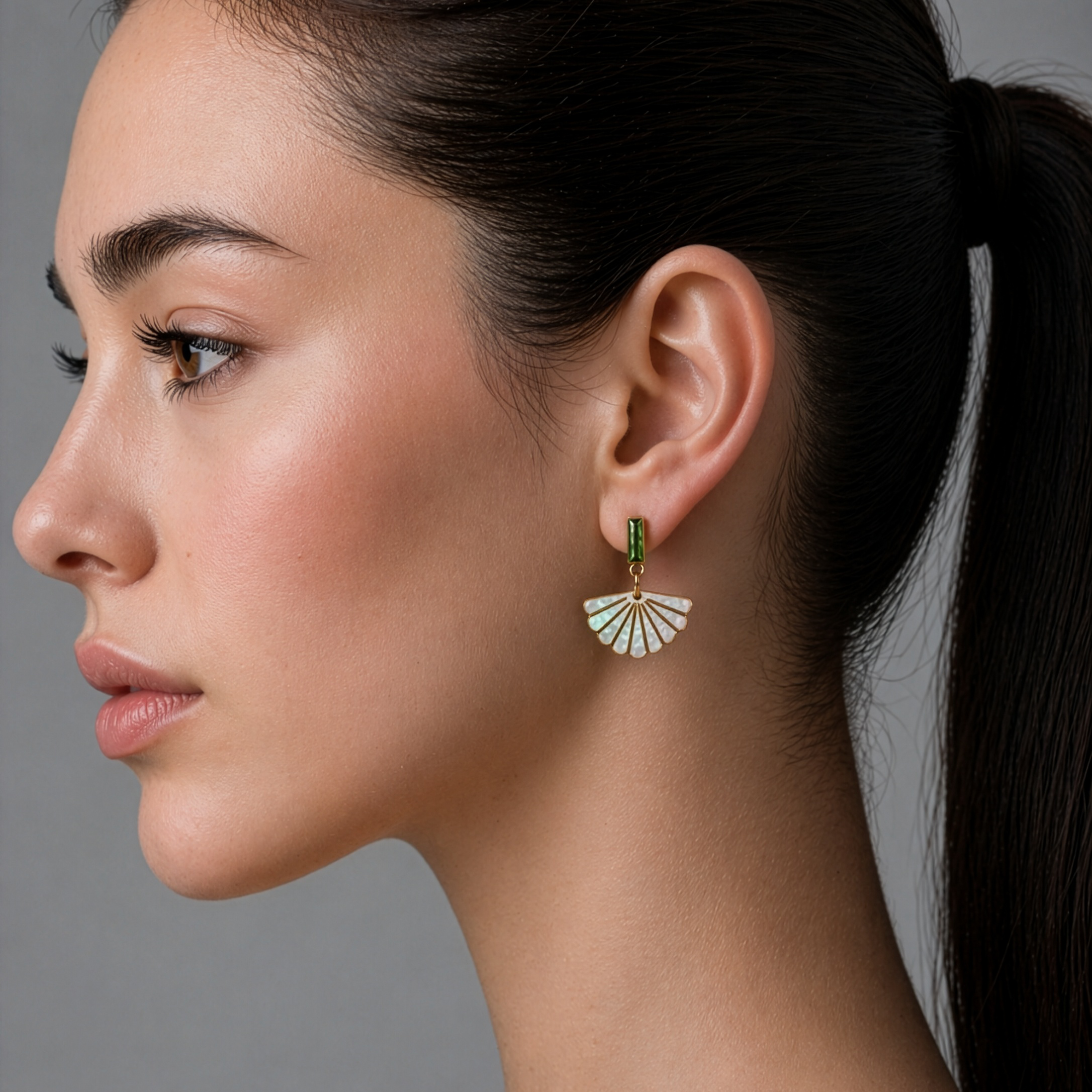 Art Deco Mother of Pearl Scallop Emerald Earrings