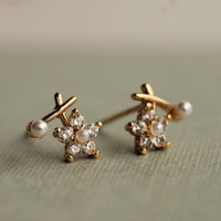 Cross Flower Stud Earrings with Pearl