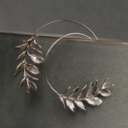 Silver Botanical Leaf Hoop Earrings
