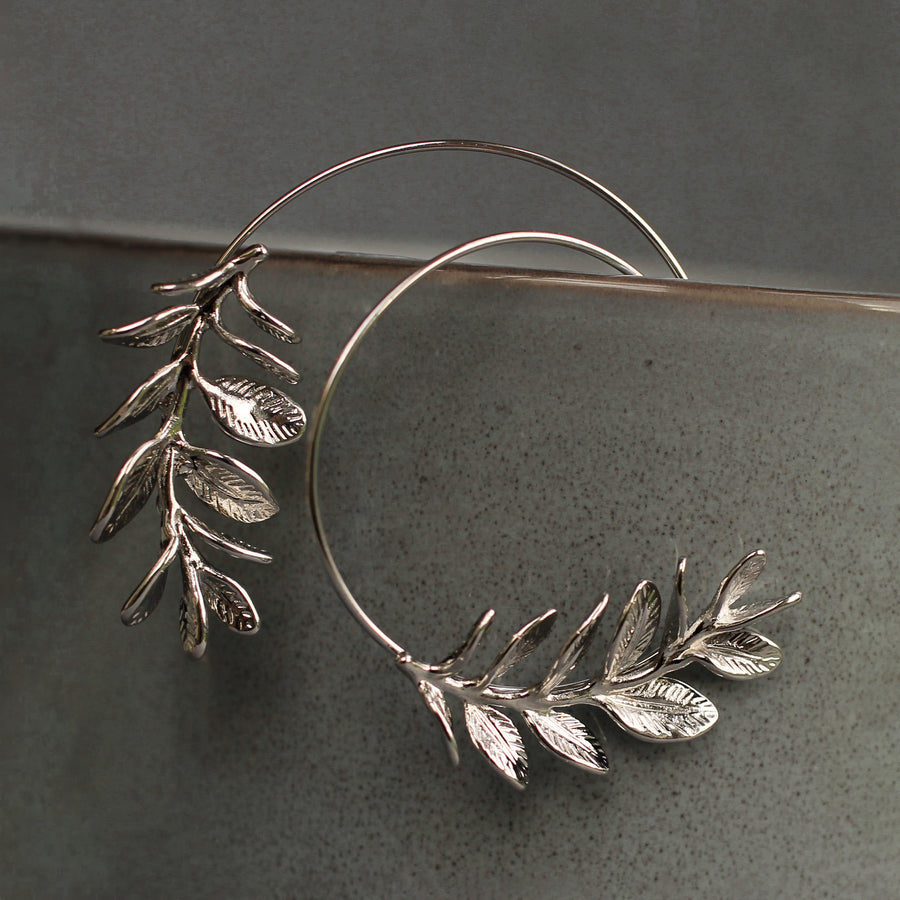 Silver Botanical Leaf Hoop Earrings
