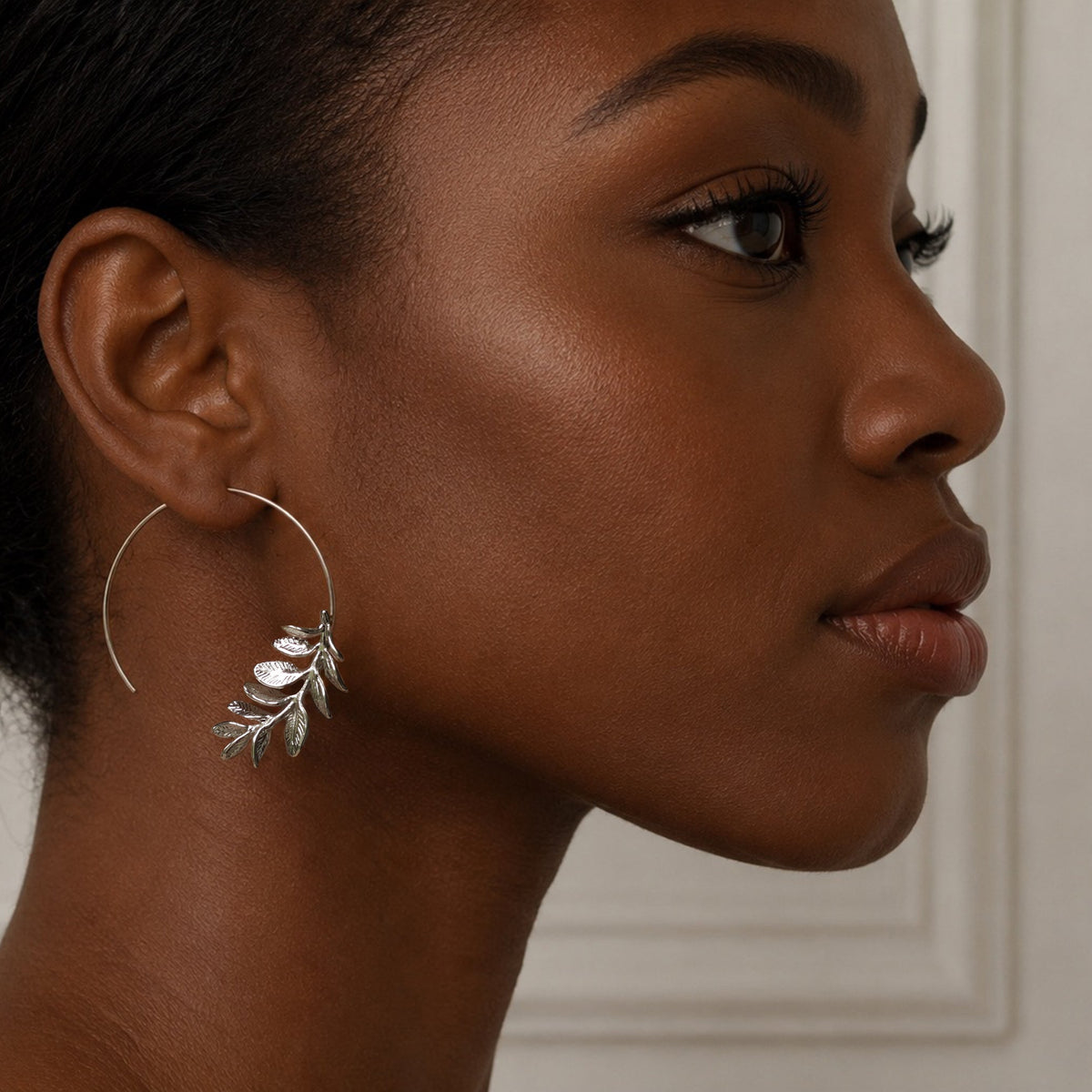 Silver Botanical Leaf Hoop Earrings