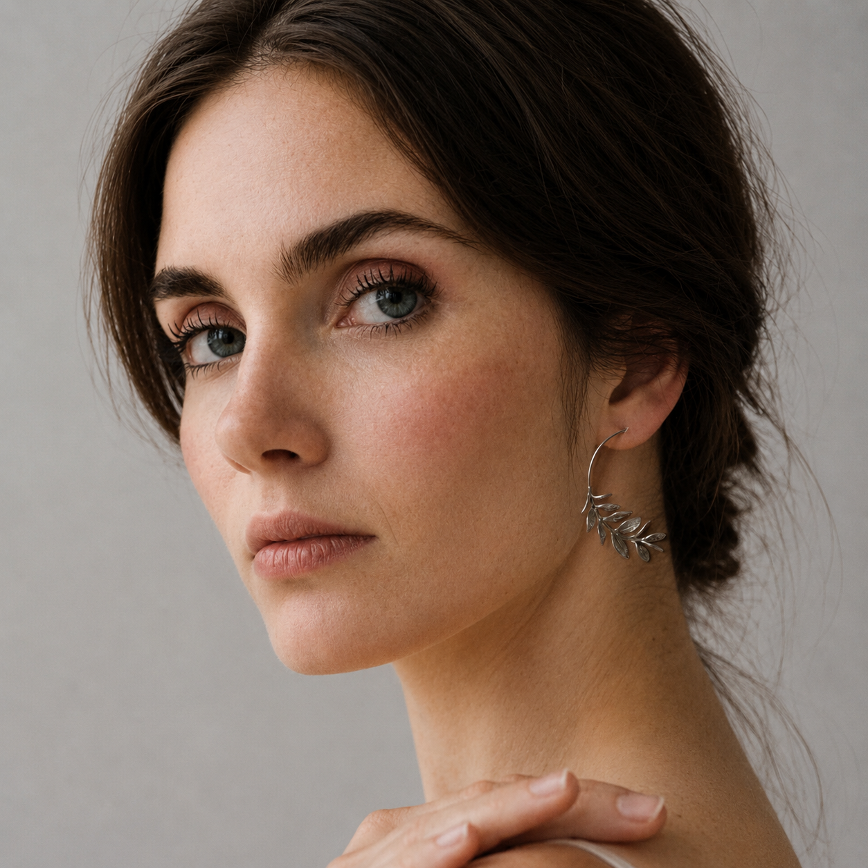 Silver Botanical Leaf Hoop Earrings