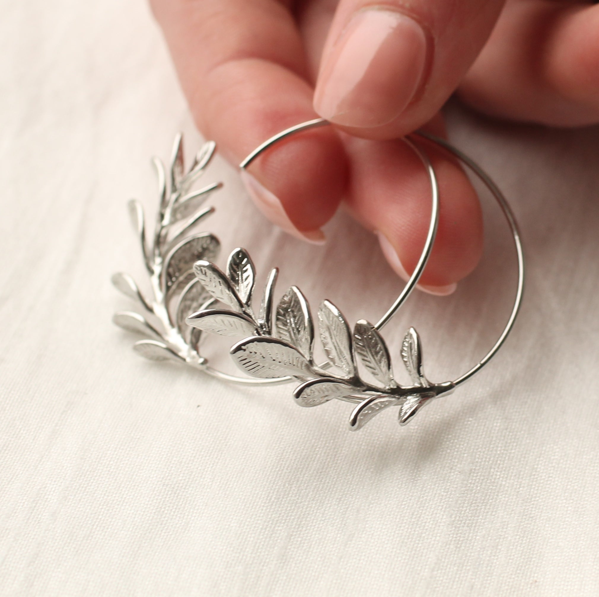 Silver Botanical Leaf Hoop Earrings
