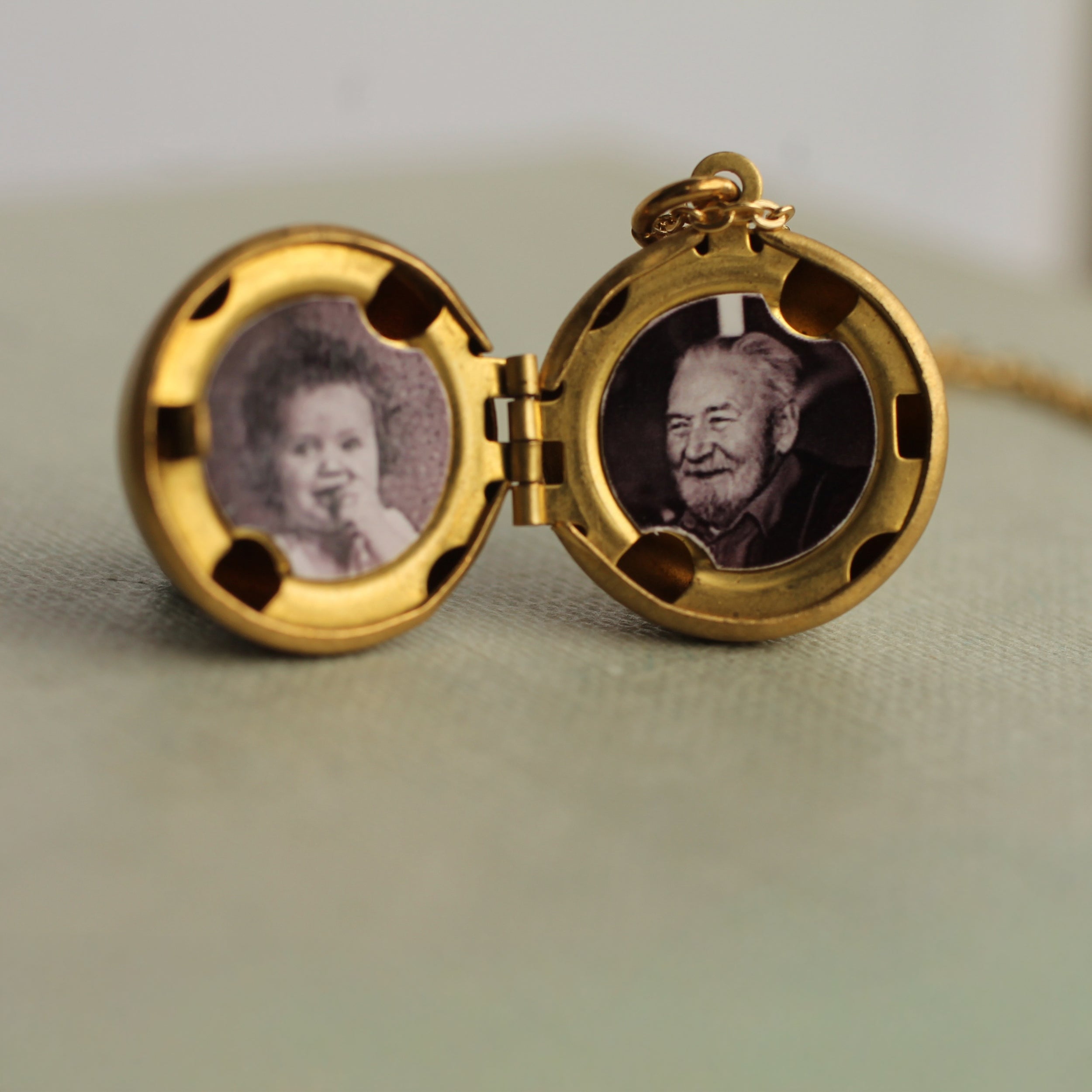 Gold Brass Sphere Locket with Tiny Leaf