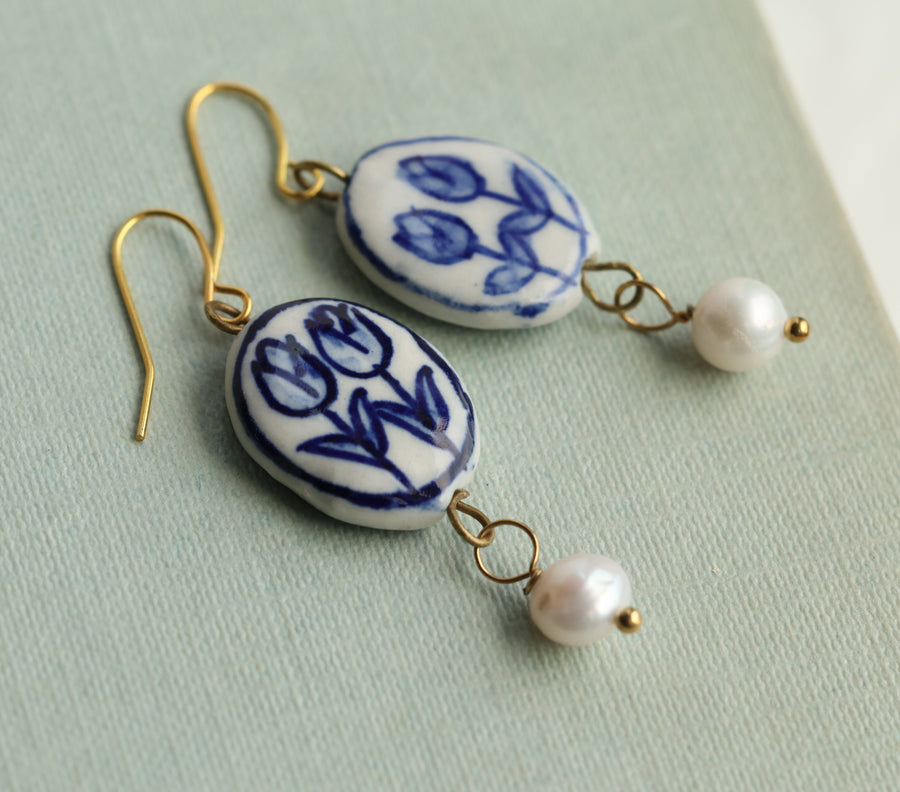 Blue Tulip Pearl Earrings