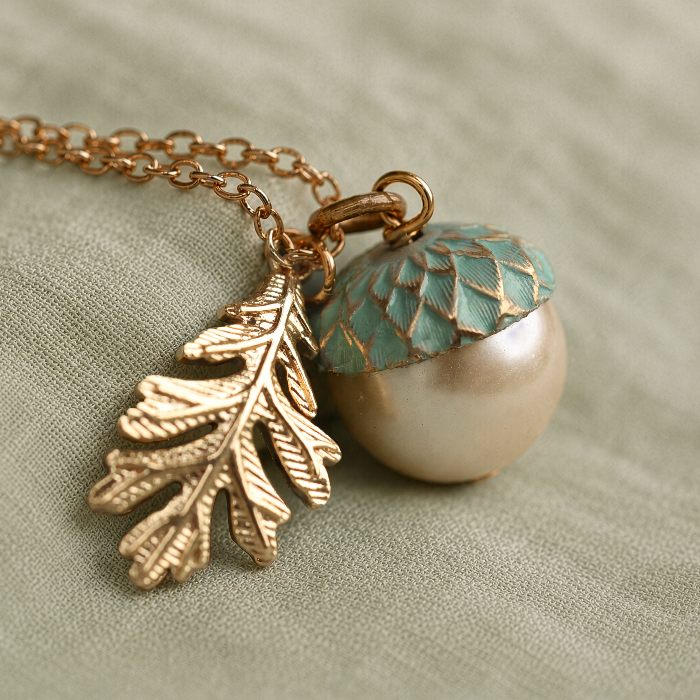 Gold Pearl & Turquoise Acorn Necklace