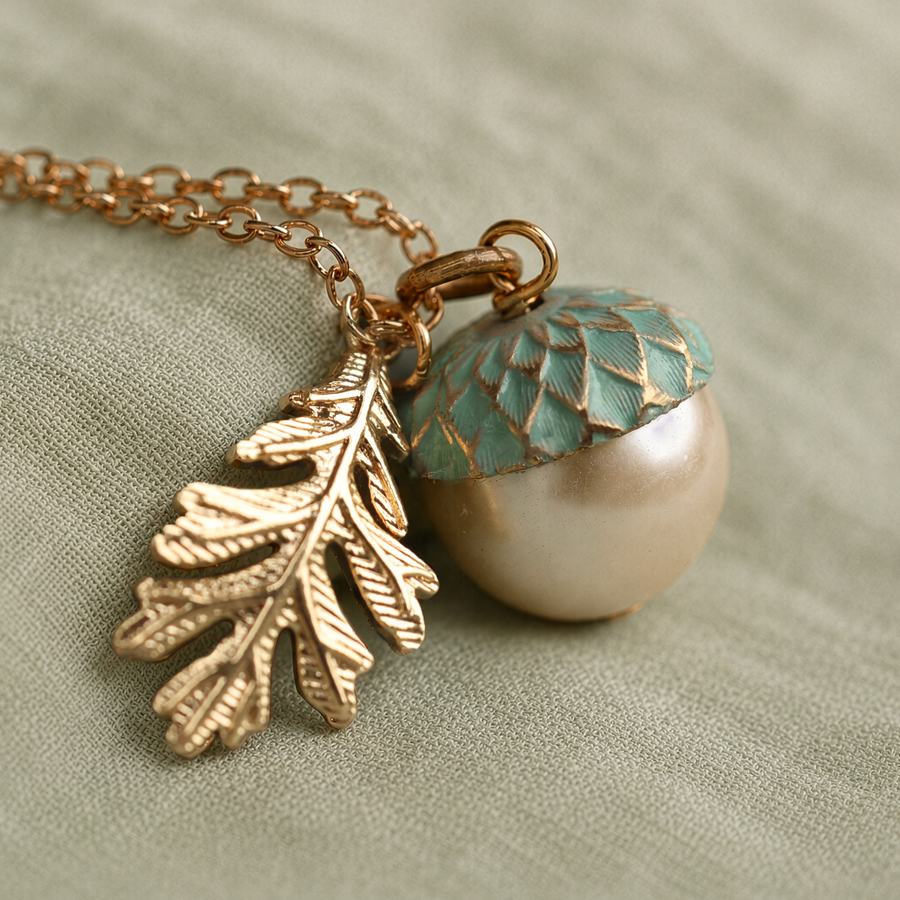 Gold Pearl & Turquoise Acorn Necklace