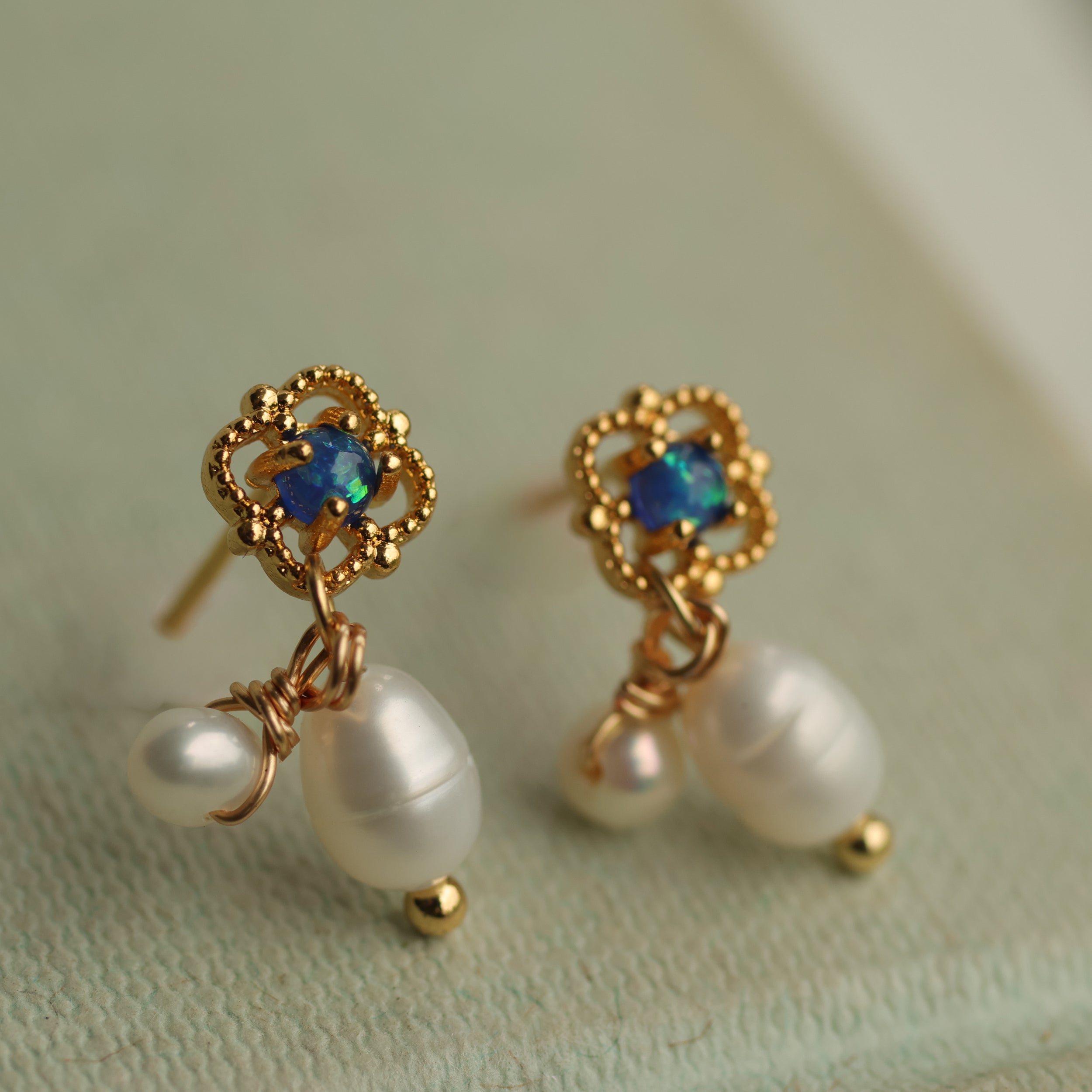 Freshwater Pearl and Blue Opal Victorian Stud Earrings