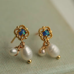 Freshwater Pearl and Blue Opal Victorian Stud Earrings