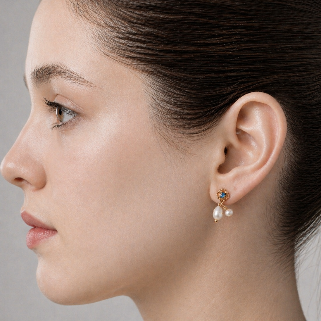 Freshwater Pearl and Blue Opal Victorian Stud Earrings