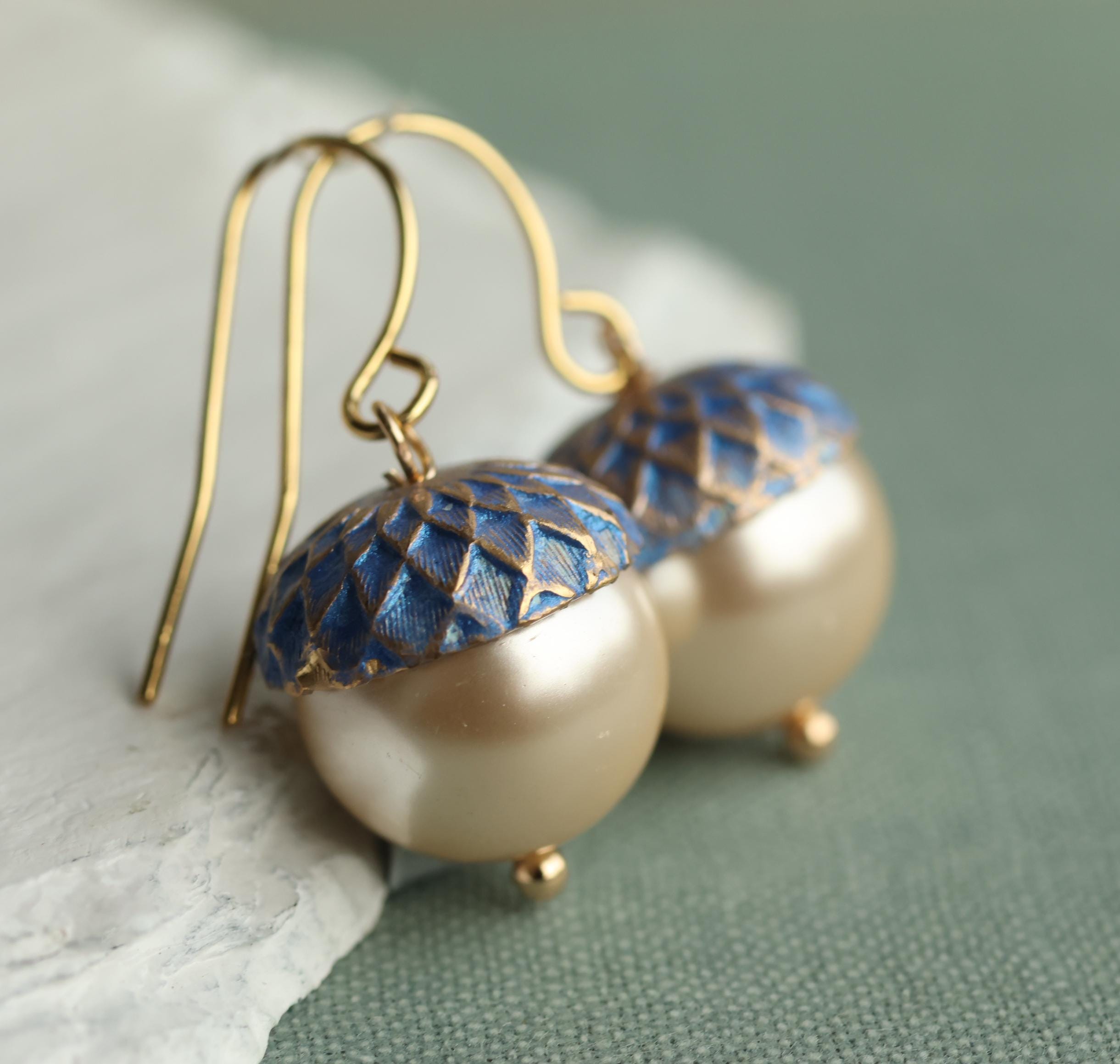 Gold Royal Blue Pearl Acorn Earrings