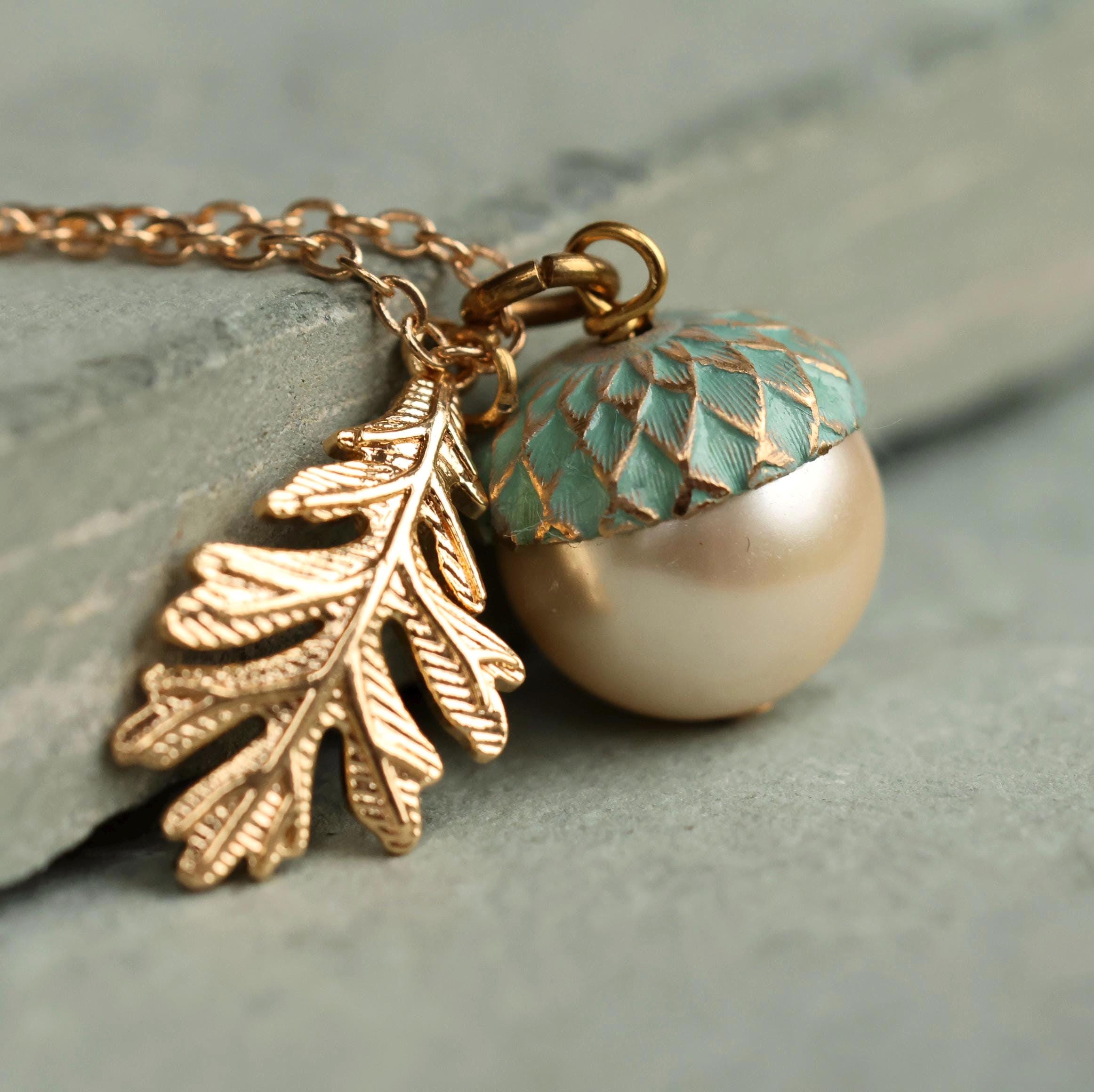 Gold Pearl & Turquoise Acorn Necklace