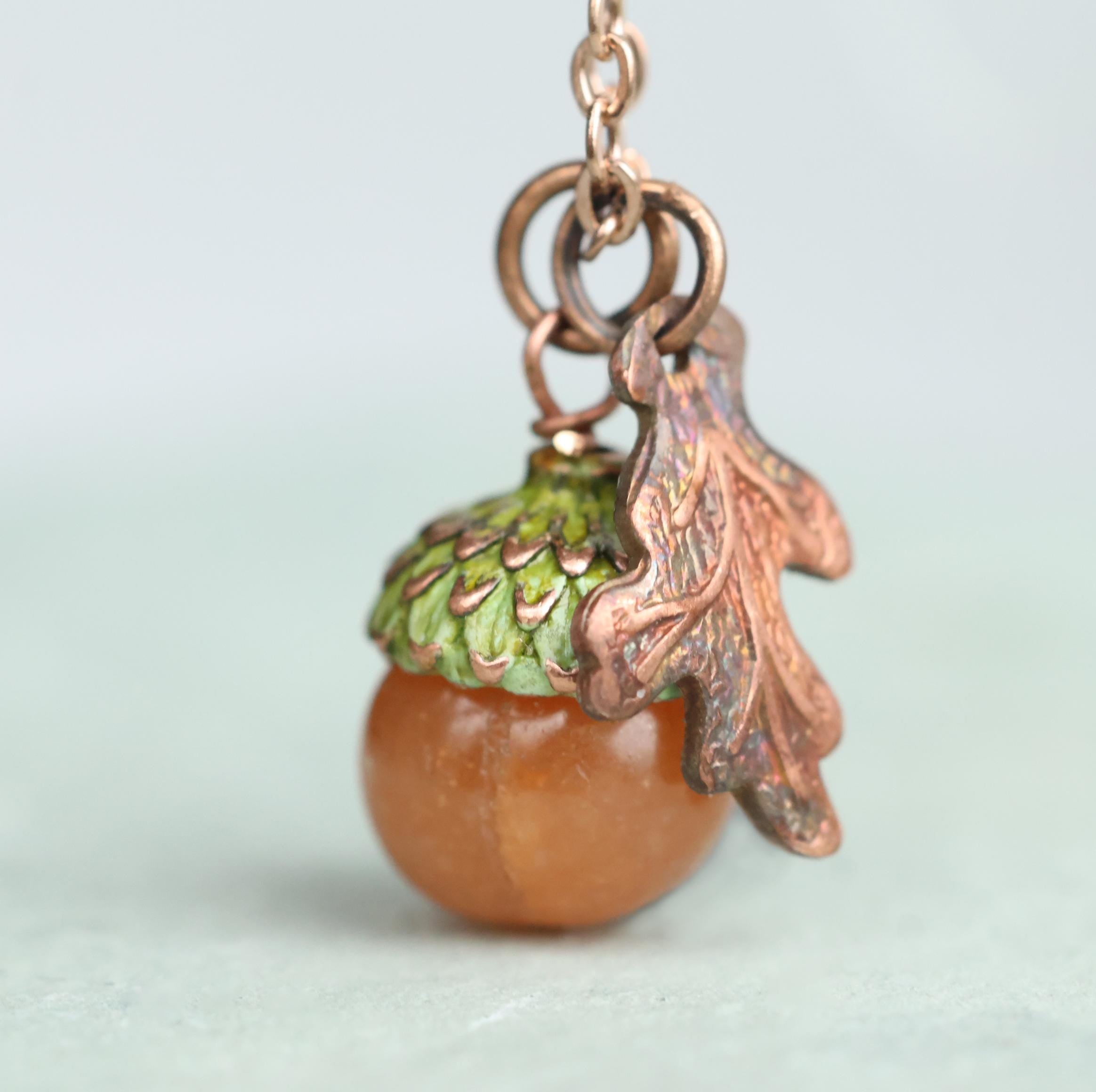 Amber and Moss Green Acorn Necklace