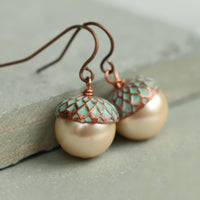 Verdigris Pearl Acorn Earrings