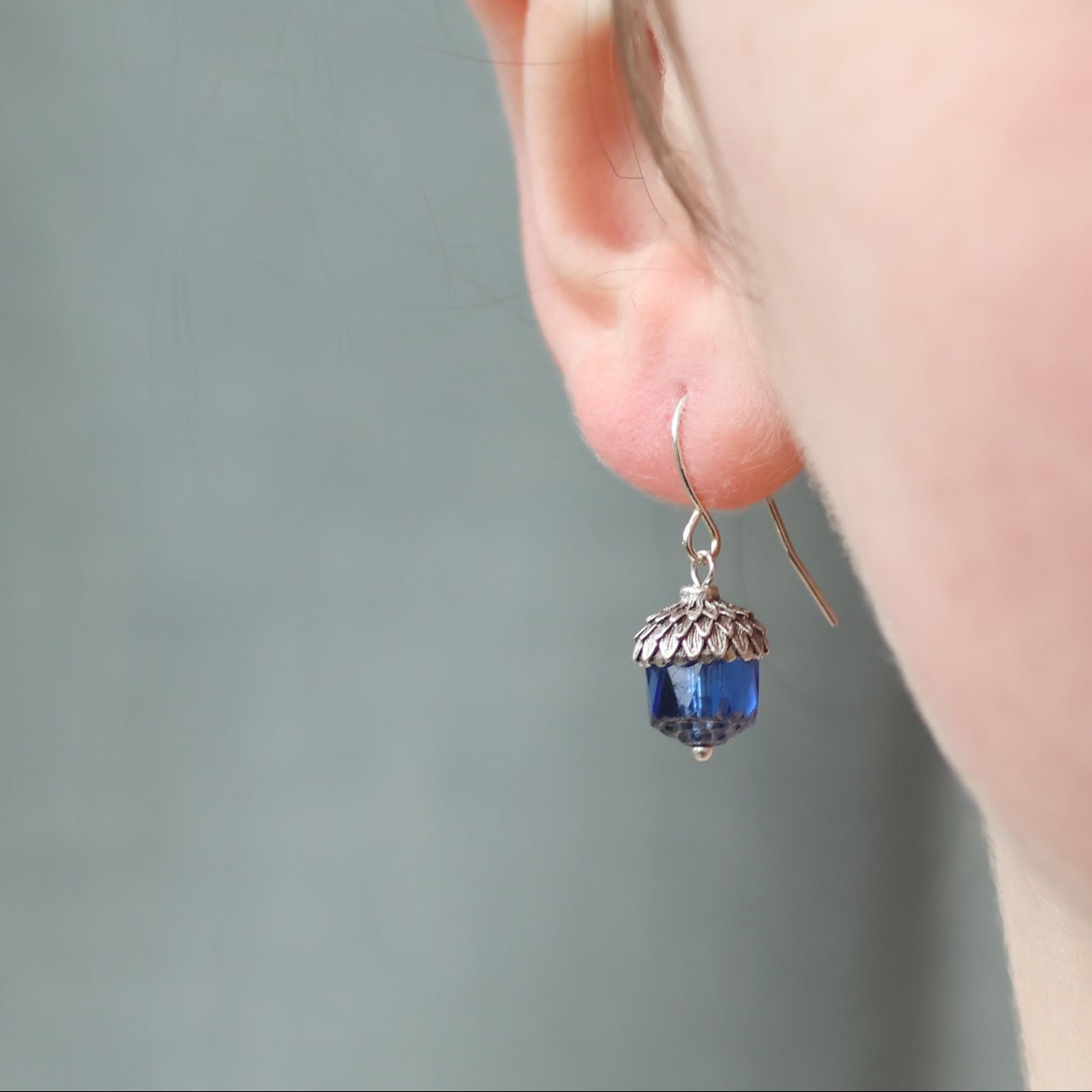 Sapphire Blue Silver Acorn Earrings