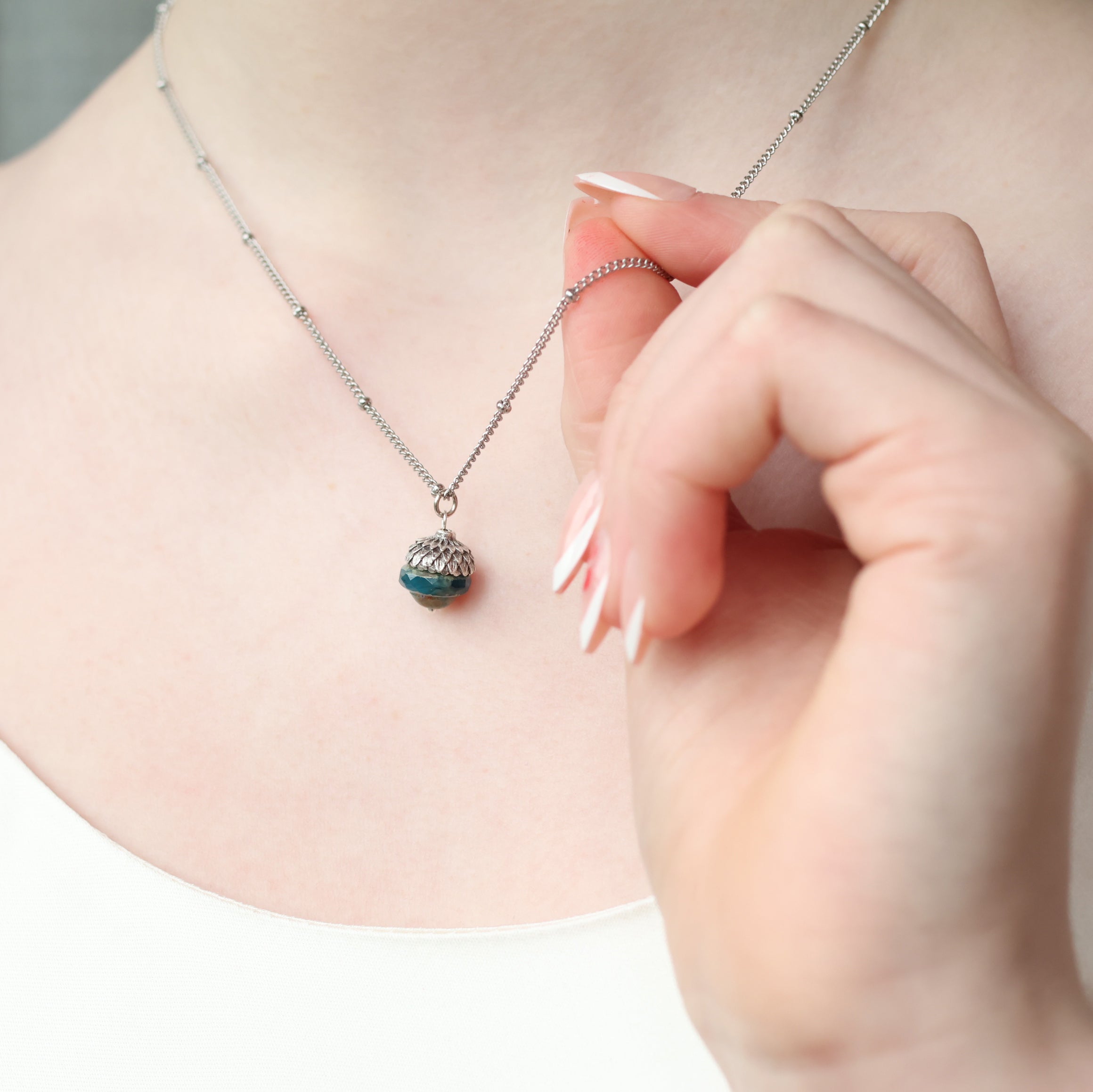 Teal Silver Acorn Necklace