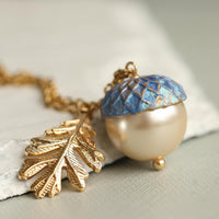 Gold Royal Blue Pearl Acorn Necklace