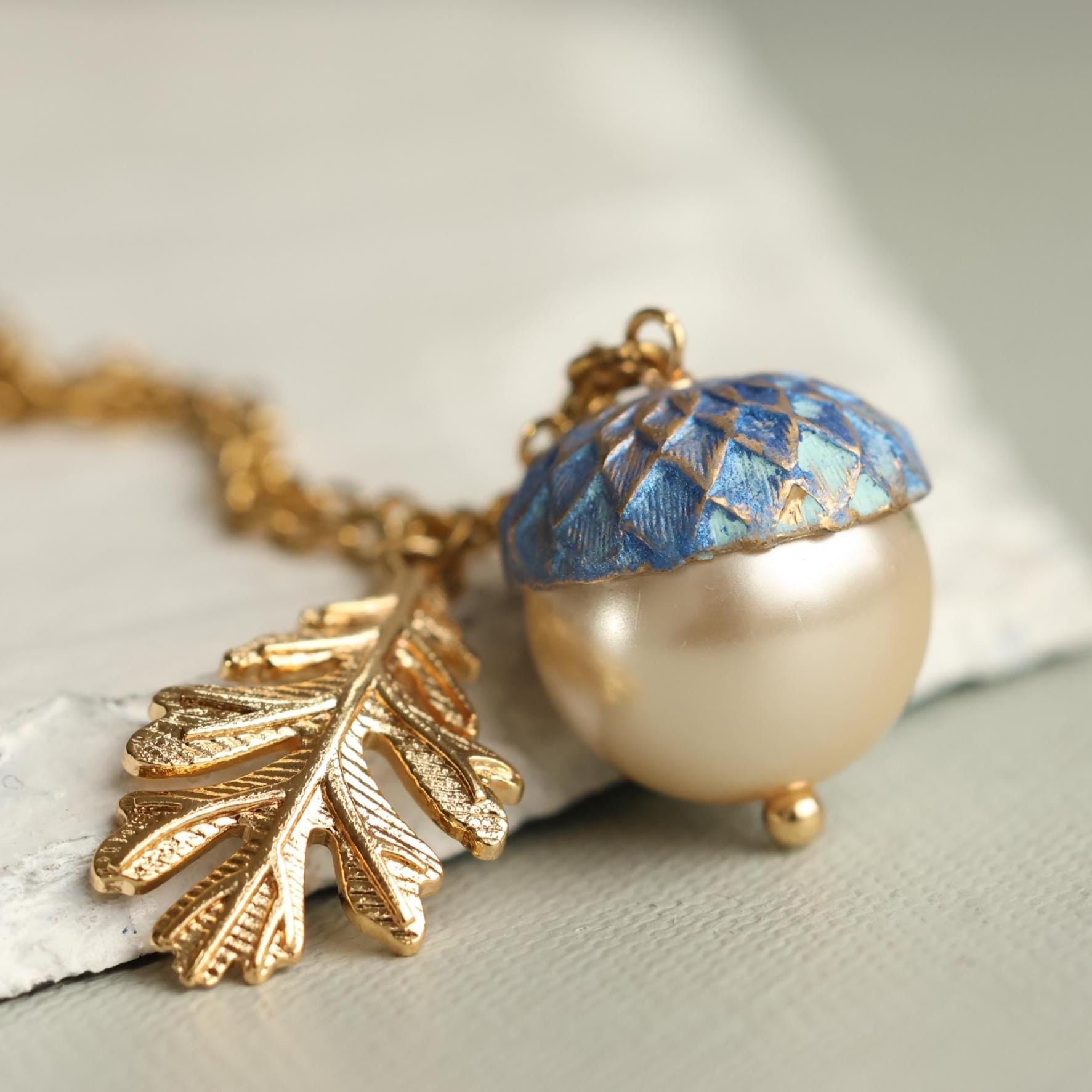 Gold Royal Blue Pearl Acorn Necklace