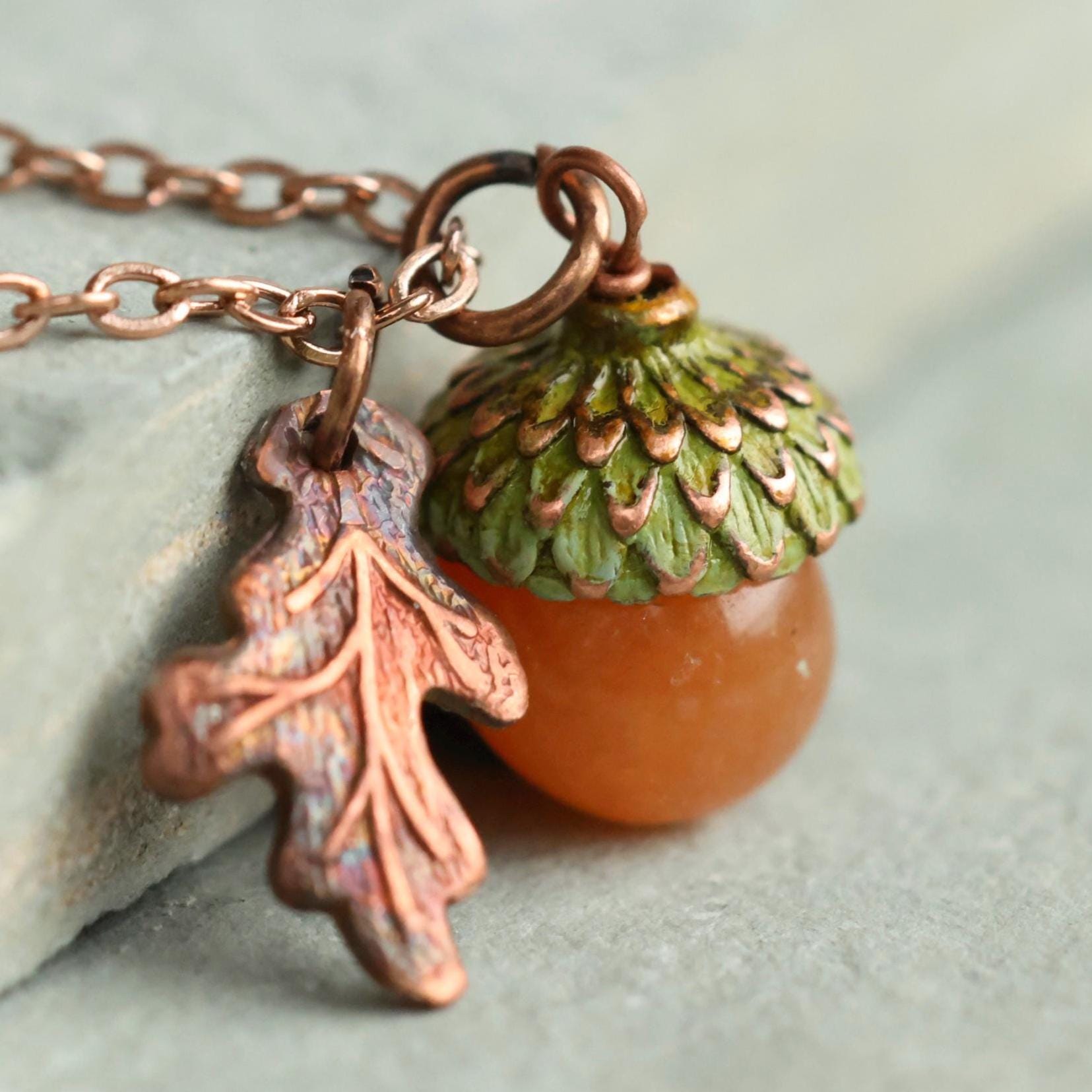 Amber and Moss Green Acorn Necklace