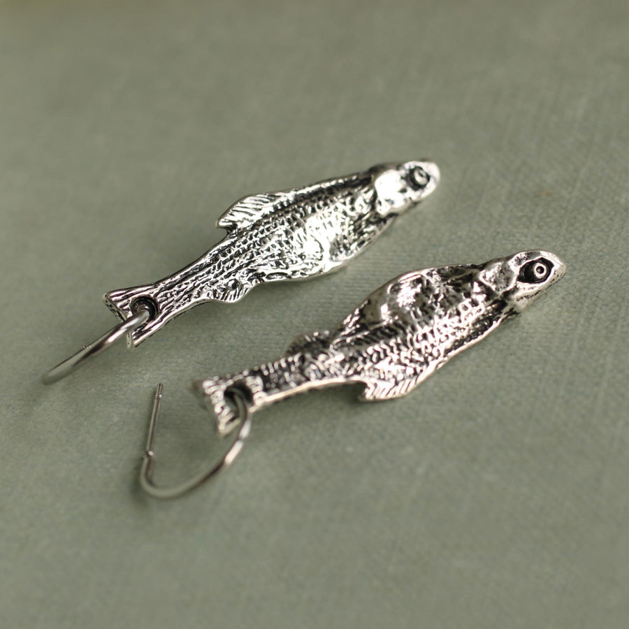Silver Sardine Fish Hoop Earrings