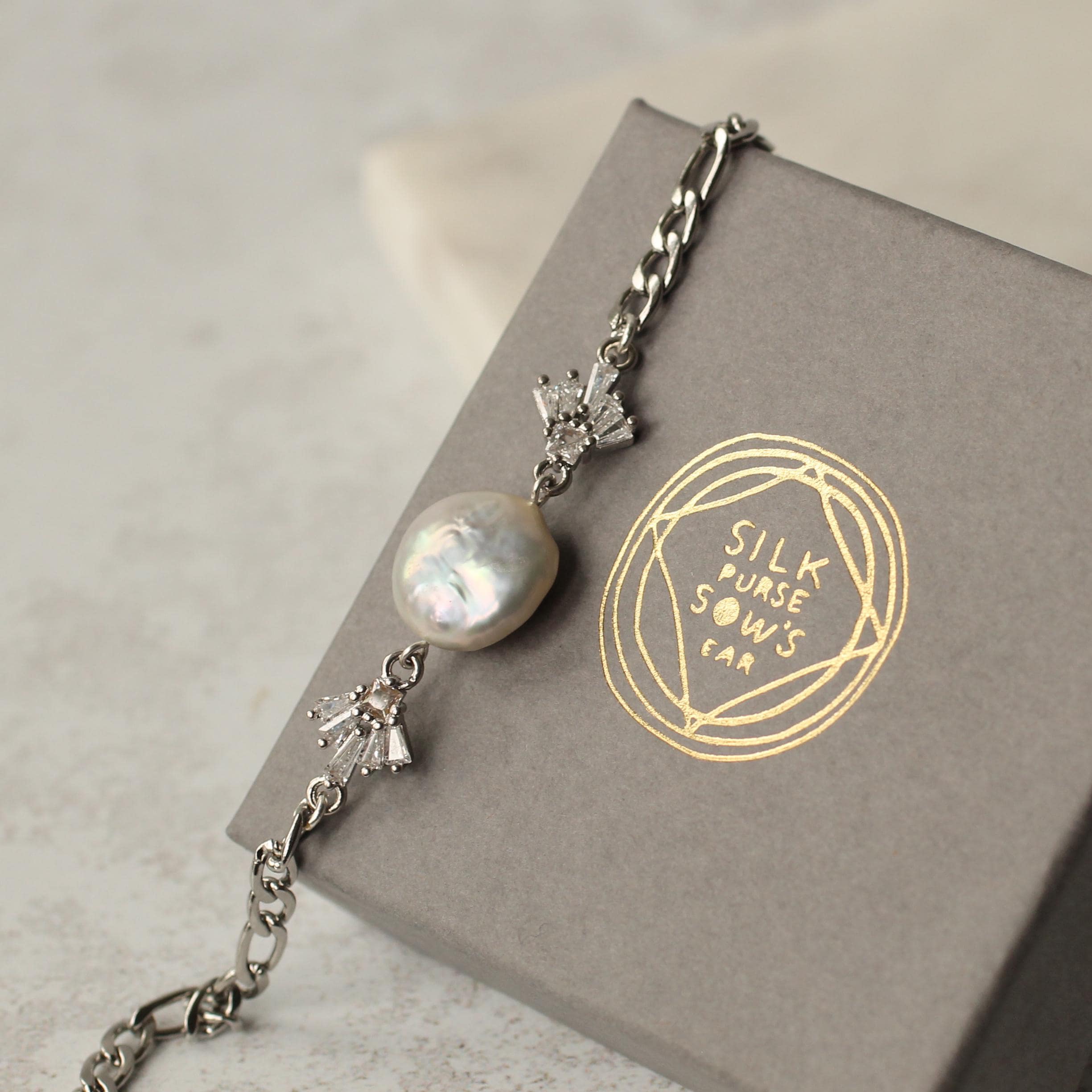 Silver Art Deco Crystal Pearl Bracelet