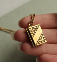 Gold Brass Banner Book Locket Necklace