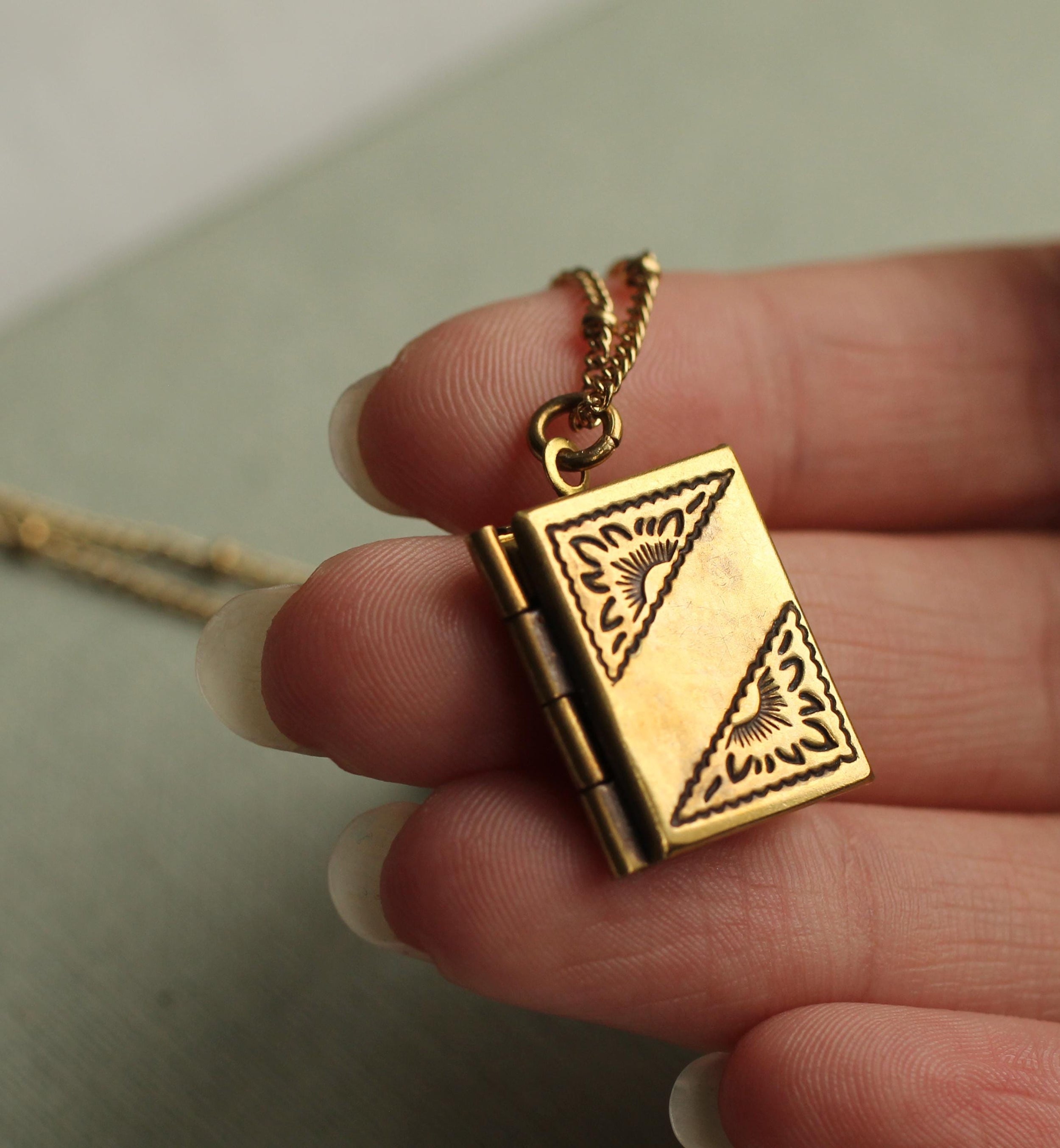 Gold Brass Banner Book Locket Necklace
