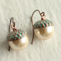 Verdigris Pearl Acorn Earrings