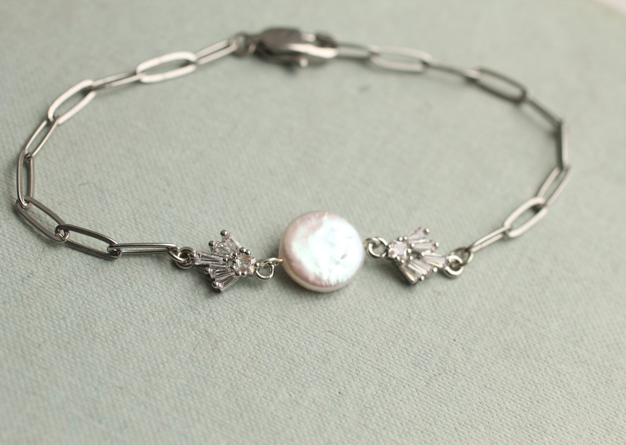 Silver Art Deco Crystal Pearl Bracelet