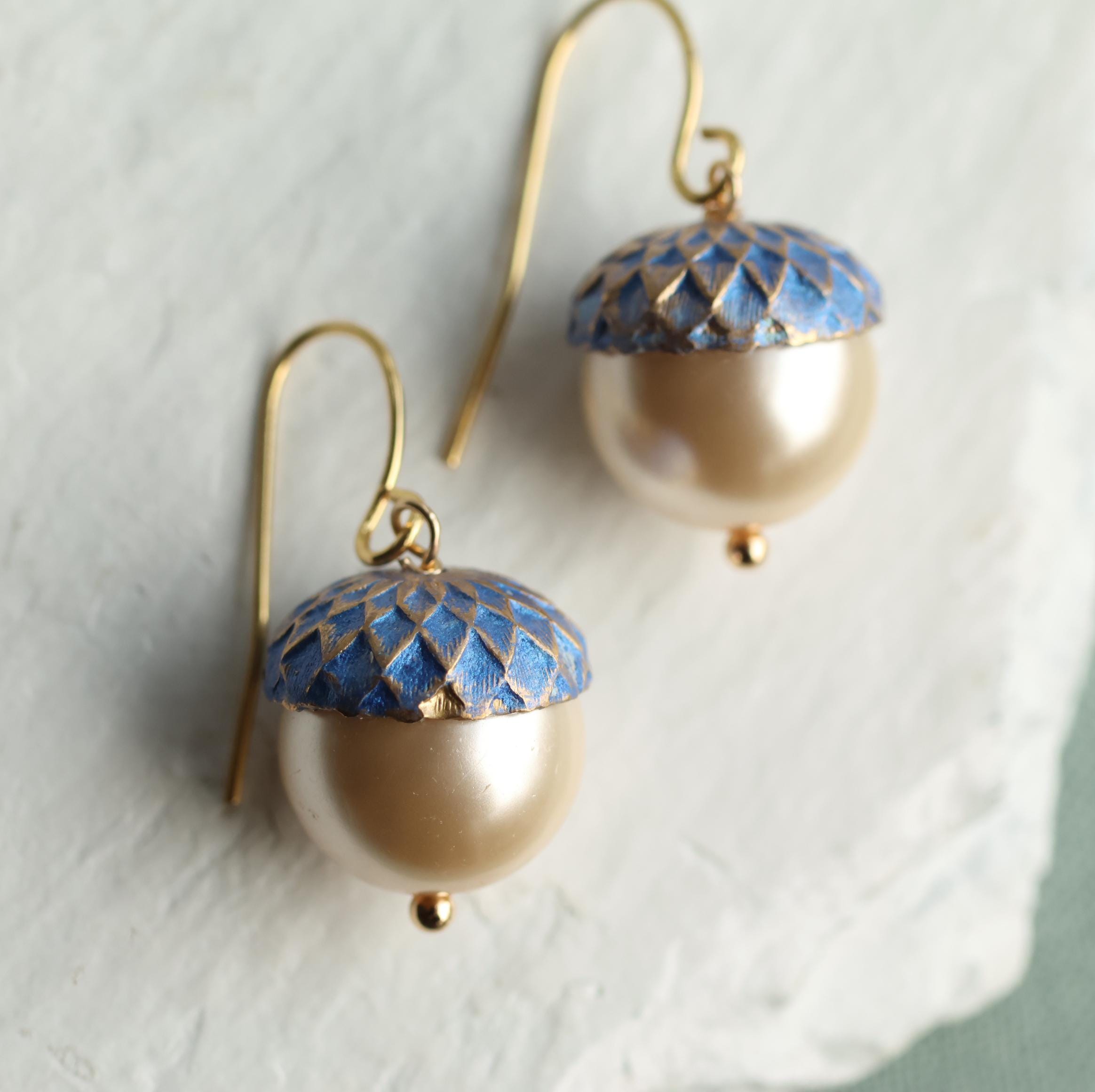 Gold Royal Blue Pearl Acorn Earrings