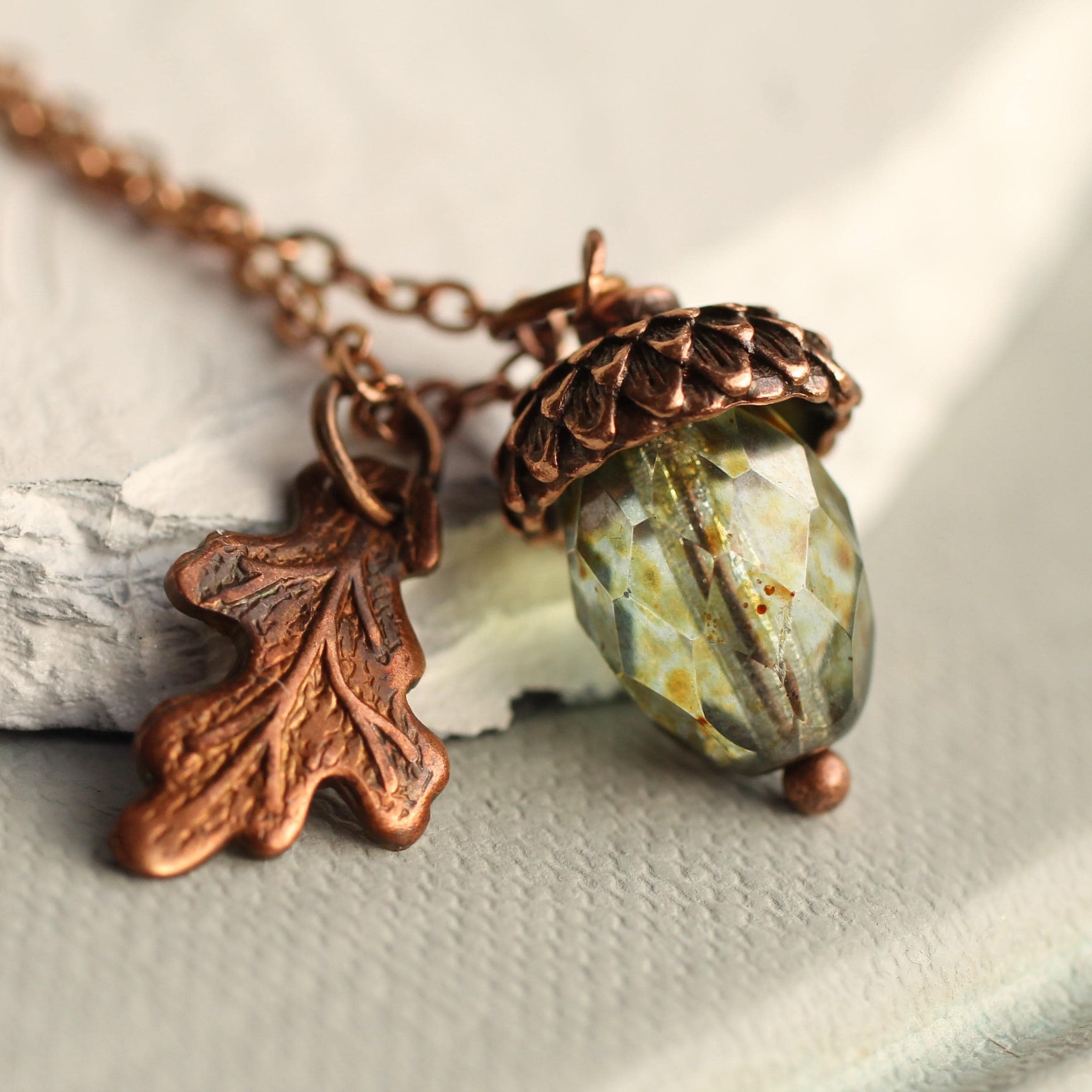 Small Speckled Green Acorn Necklace