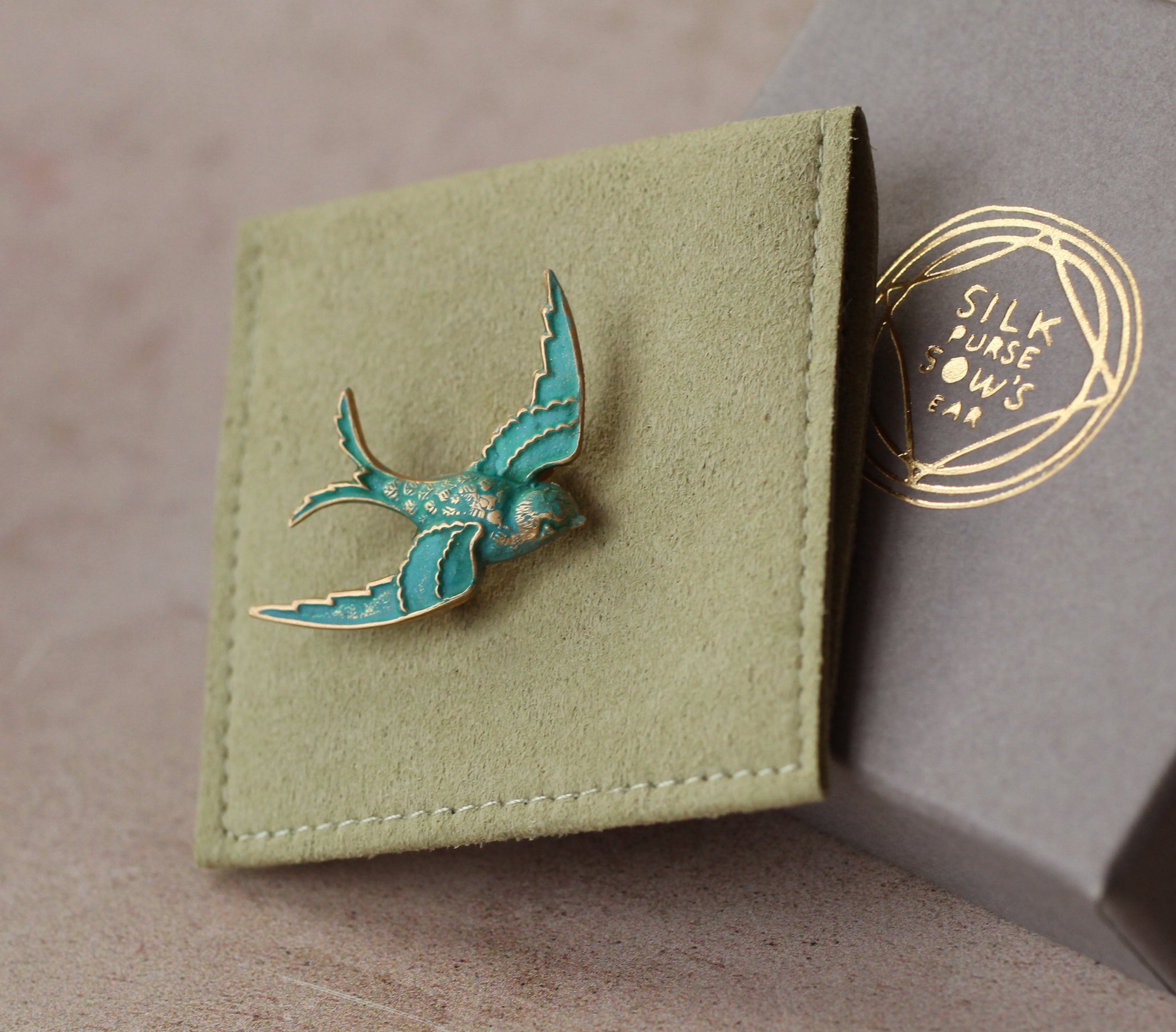 Verdigris Swallow Bird Brooch