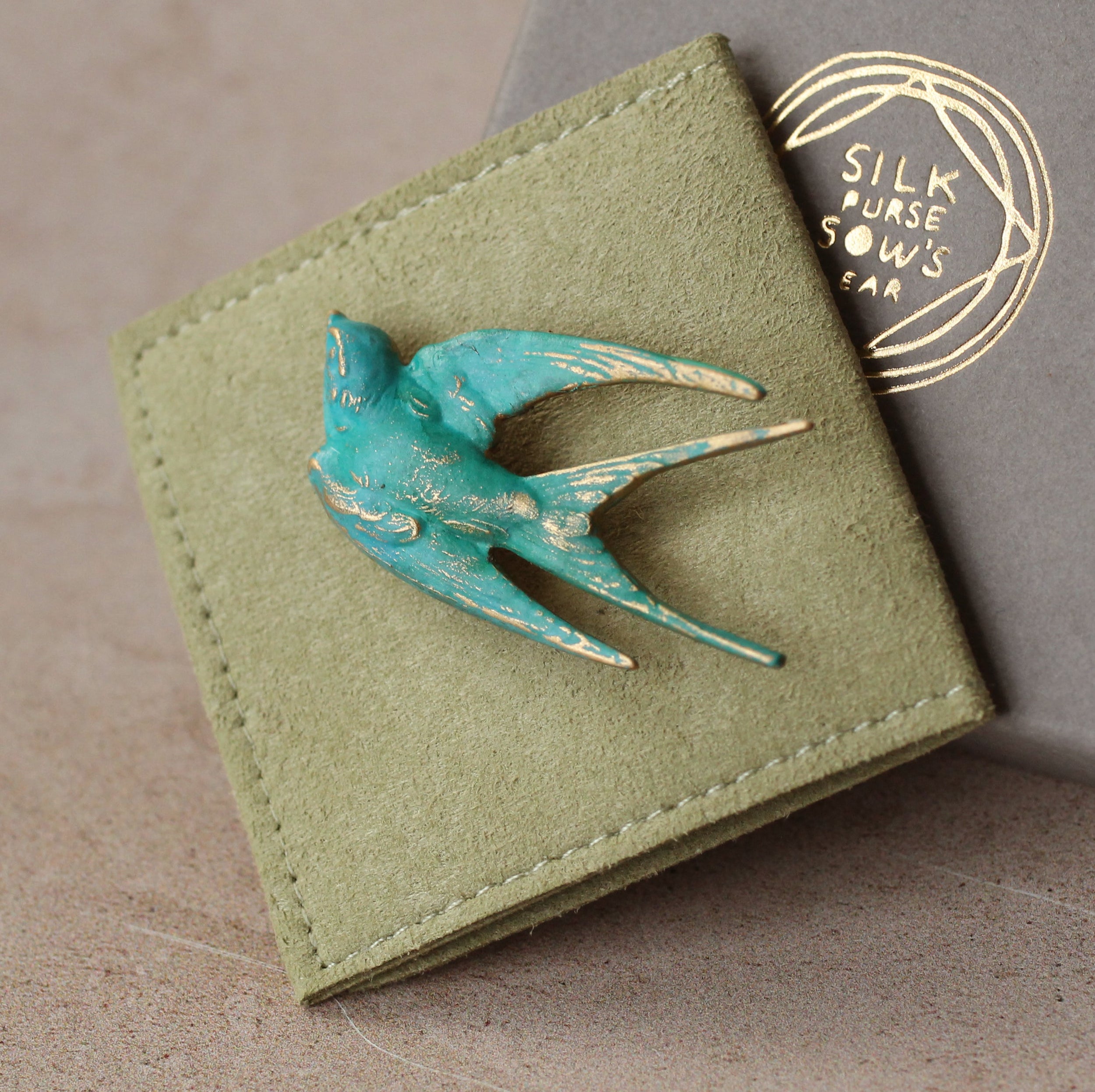 Verdigris Patina Swallow Bird Brooch